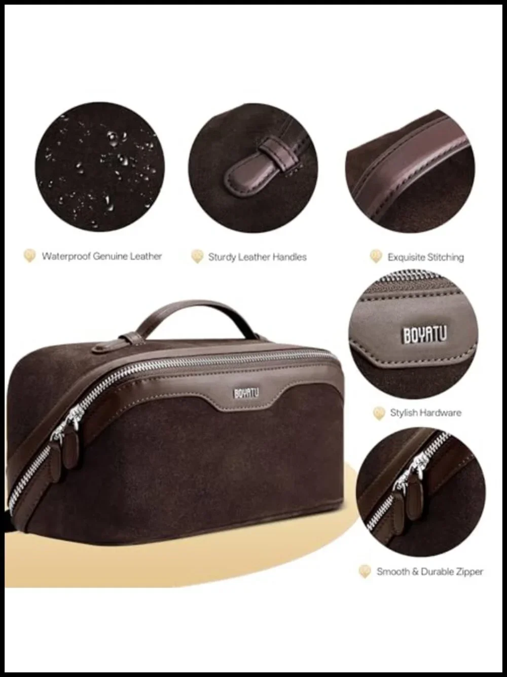 Genuine Suede Leather Travel Makeup Bag, Handmade Cosmetic Organizer Set 3